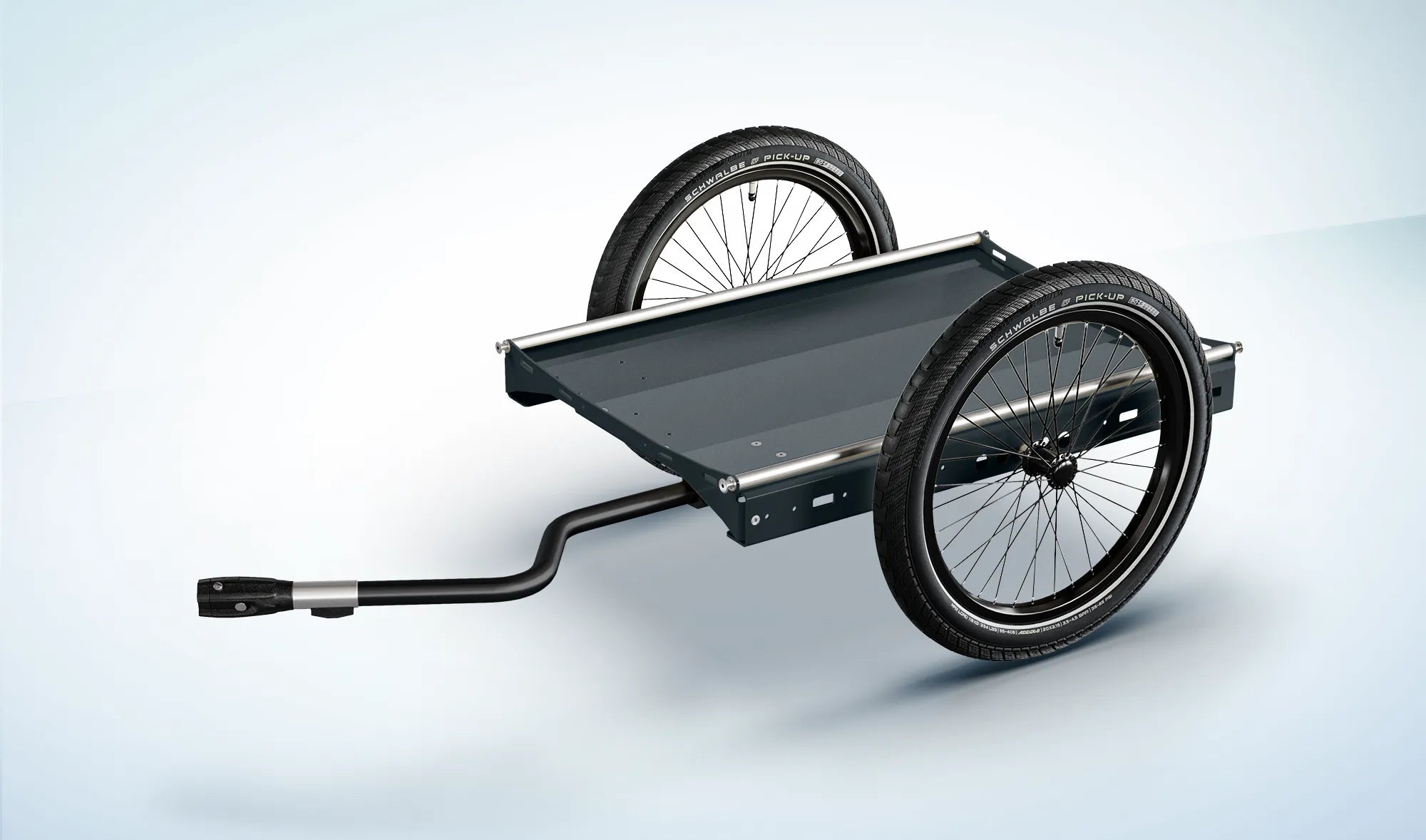 Fahrradanhänger für Lasten von Berkel-Trailer in anthrazit. Hier das Modell Flipper für eine beidseitige Nutzung. Abgestimmt mit schwarzen 20 Zoll Rädern und einer schwarzen Deichsel. Ein echter Hingucker.