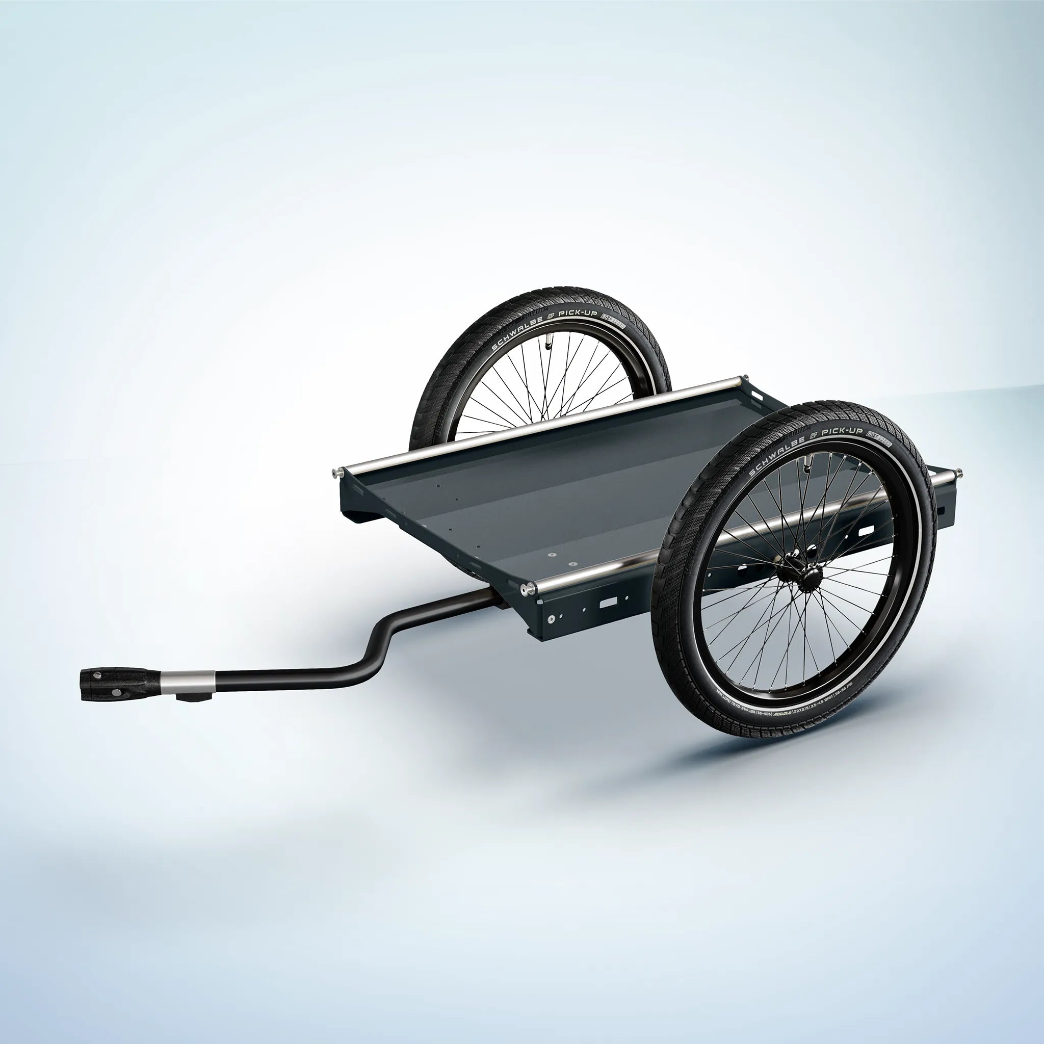 Fahrradanhänger für Lasten von Berkel-Trailer in anthrazit. Hier das Modell Flipper für eine beidseitige Nutzung. Abgestimmt mit schwarzen 20 Zoll Rädern und einer schwarzen Deichsel. Ein echter Hingucker.